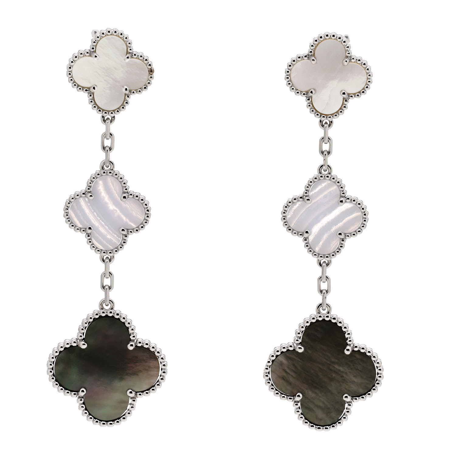 VAN CLEEF & ARPELS 18K White Gold Mother of Pearl Chalcedony 3 Motifs Magic Alhambra Earrings by FASHIONPHILE