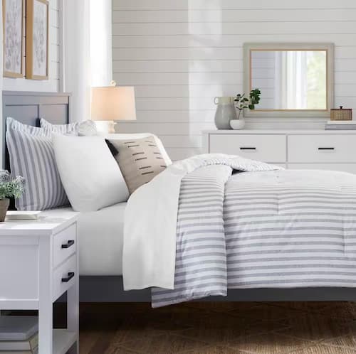 Maxine 2-Piece Steel Blue and White Printed Stripe Cotton Twin/Twin XL Comforter Set