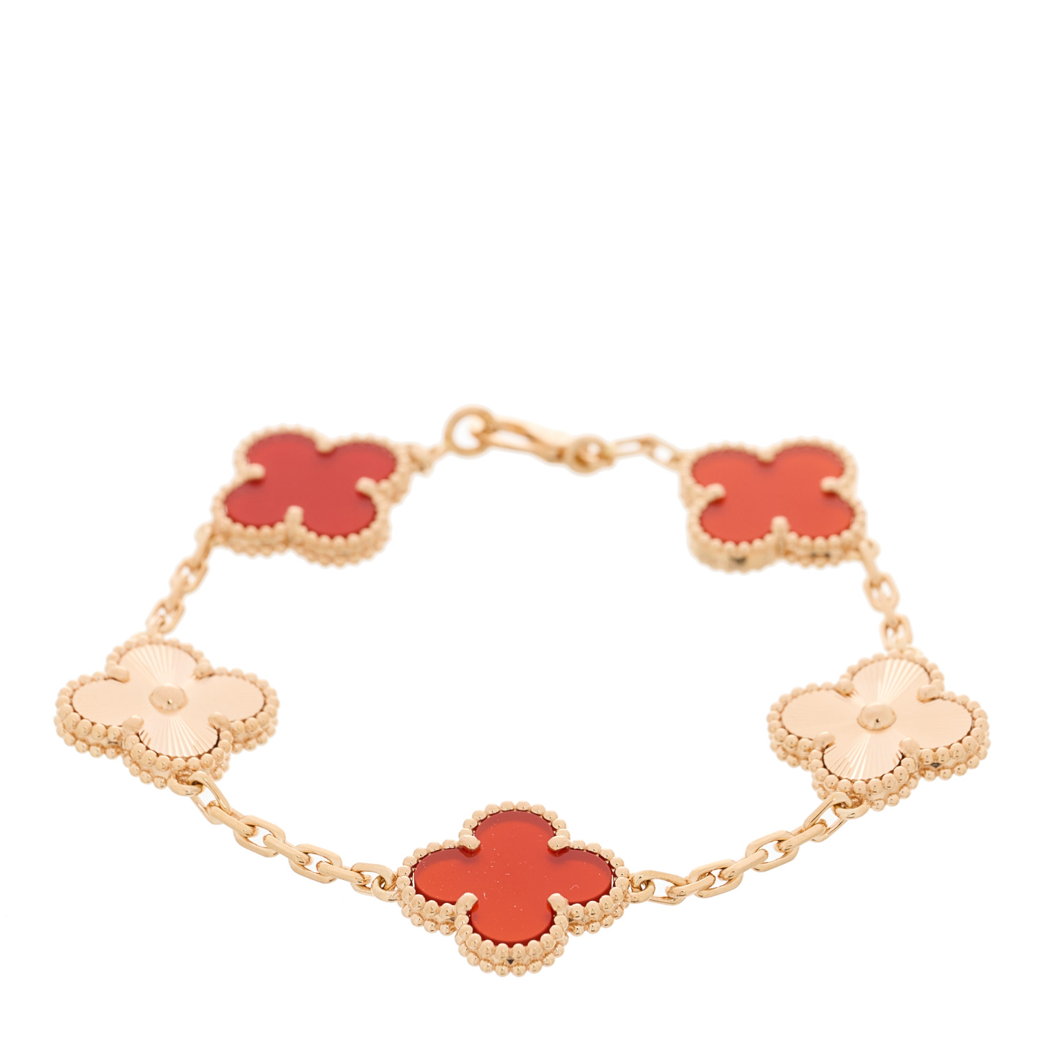 VAN CLEEF & ARPELS 18K Rose Gold Carnelian 5 Motifs Guilloche Vintage Alhambra Bracelet by FASHIONPHILE
