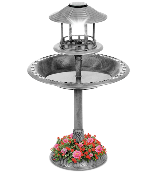 Solar Lighted Outdoor Pedestal Bird Bath with Planter
