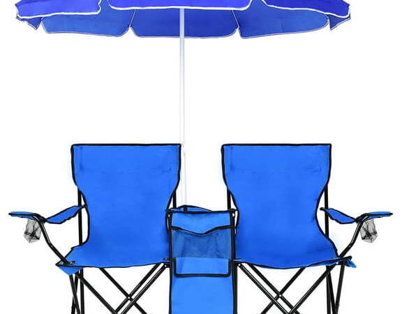Costway Folding Double Camping Chair w/ Umbrella, Table, and Cooler for $60 + free shipping