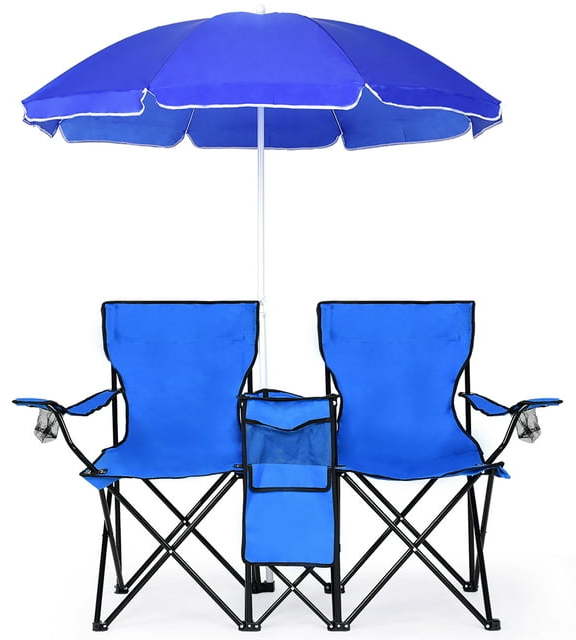 Costway Folding Double Camping Chair w/ Umbrella, Table, and Cooler for $60 + free shipping
